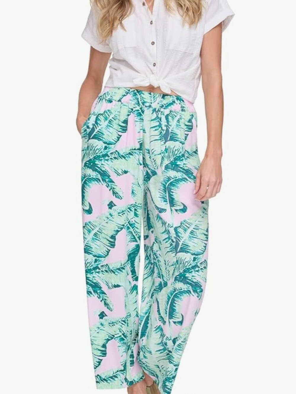 Margaritaville Pink & Green Tropical Wide-Leg Pants Large Banana Leaf Palm Tree